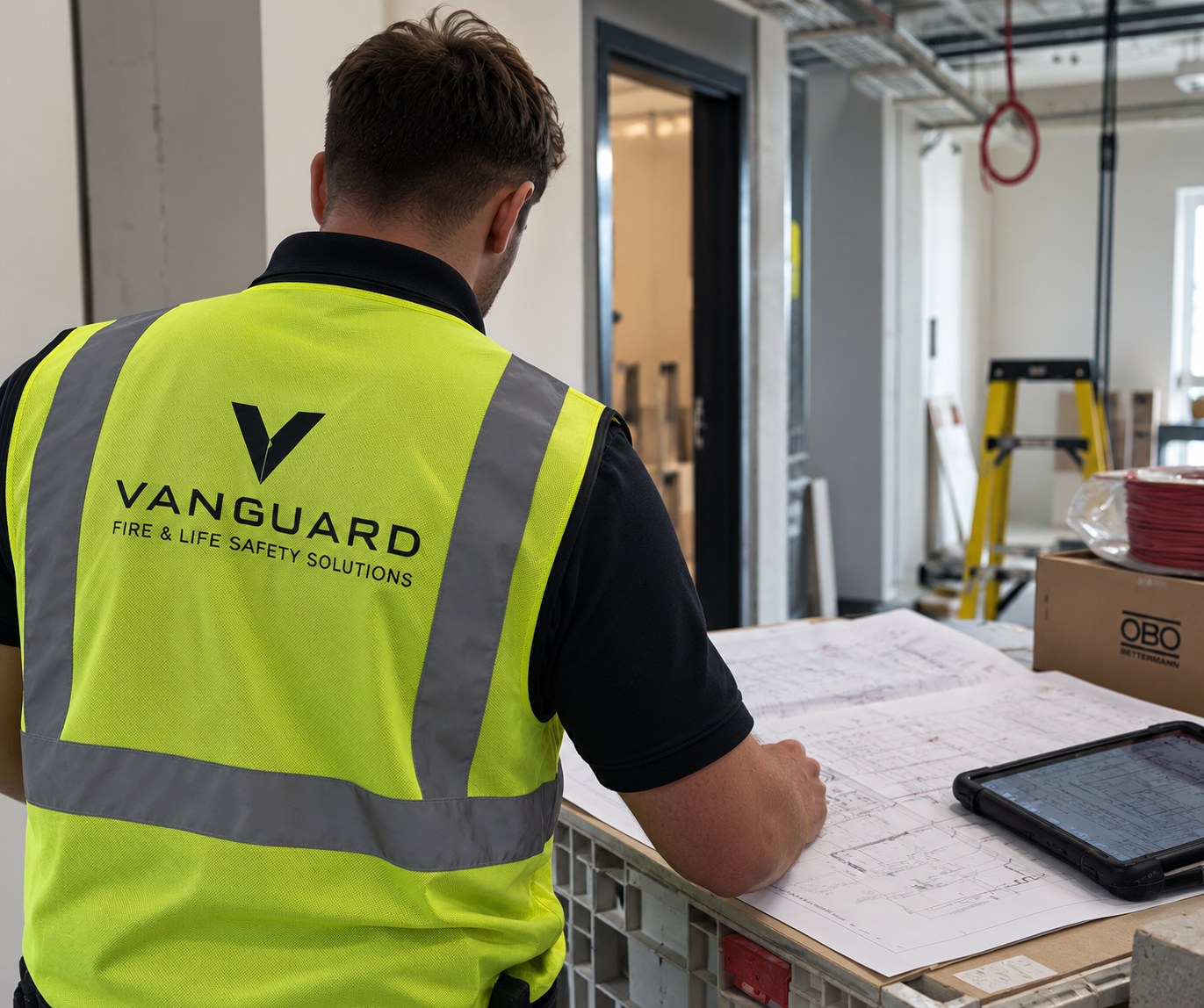 A Vanguard engineer checking the installation against the drawings on site