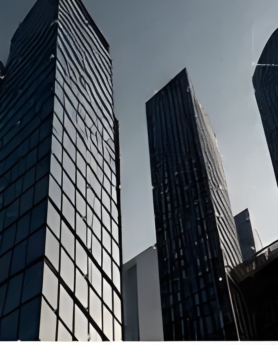High-rise residential towers seen from street level